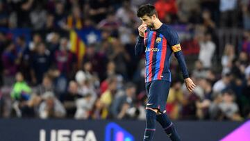 Barcelona's Spanish defender Gerard Pique reacts at the end of the UEFA Champions League 1st round, group C, football match between FC Barcelona and Inter Milan at the Camp Nou stadium in Barcelona on October 12, 2022. (Photo by Pau BARRENA / AFP) (Photo by PAU BARRENA/AFP via Getty Images)