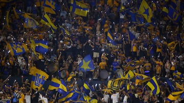Fans of Tigres cheer for their team during the Liga MX Apertura tournament football match between Tigres and Tijuana at the UANL University Stadium in San Nicolas de los Garza, Nuevo Leon State, Mexico on October 25, 2025. (Photo by Julio Cesar AGUILAR / AFP)