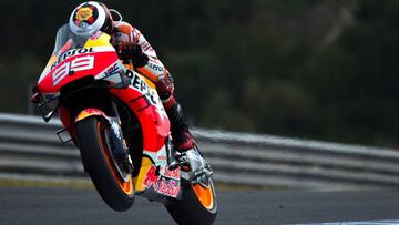 Repsol Honda Team's Spanish rider Jorge Lorenzo rides during the warm up session ahead of the MotoGP race of the Spanish Grand Prix at the Jerez - Angel Nieto circuit in Jerez de la Frontera on May 5, 2019. (Photo by JORGE GUERRERO / AFP)