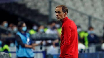 Paris Saint-Germain&#039;s German coach Thomas Tuchel looks on  during the French Cup final football match between Paris Saint-Germain (PSG) and Saint-Etienne (ASSE) on July 24, 2020, at the Stade de France in Saint-Denis, outside Paris. (Photo by GEOFFRO