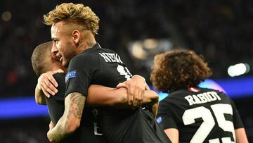 Paris Saint-Germain&#039;s Brazilian forward Neymar (R) celebrates with French forward Kylian Mbappe after scoring a goal during their UEFA Champions&#039; League football match Paris Saint Germain (PSG) against Red Star Belgrade at the Parc des Princes s