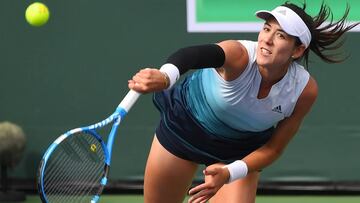 Mar 10, 2019; Indian Wells, CA, USA; Garbine Muguruza (ESP) during her her third round match against Serena Williams (not pictured) in the BNP Paribas Open at the Indian Wells Tennis Garden. Mandatory Credit: Jayne Kamin-Oncea-USA TODAY Sports