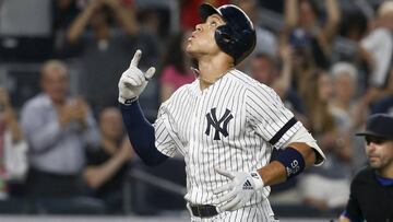 NEW YORK, NEW YORK - AUGUST 04: Aaron Judge #99 of the New York Yankees celebrates his first inning home run against the Boston Red Sox at Yankee Stadium on August 04, 2019 in New York City.   Jim McIsaac/Getty Images/AFP
 == FOR NEWSPAPERS, INTERNET, TEL