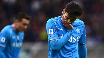 Napoli?s Georgian forward Khvicha Kvaratskhelia reacts during the Italian Serie A football match Torino vs Napoli at the ?Stadio Grande Torino? in Turin on January 7, 2024. (Photo by MARCO BERTORELLO / AFP)