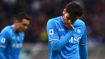 Napoli�s Georgian forward Khvicha Kvaratskhelia reacts during the Italian Serie A football match Torino vs Napoli at the �Stadio Grande Torino� in Turin on January 7, 2024. (Photo by MARCO BERTORELLO / AFP)