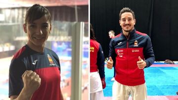 Los karatecas espa&ntilde;oles Sanda S&aacute;nchez y Dami&aacute;n Quintero celebran su pase a la final de kata en los Europeos de Karata de Gaziantep (Turqu&iacute;a).