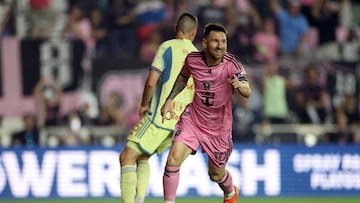 May 4, 2024; Fort Lauderdale, Florida, USA; Inter Miami CF forward Lionel Messi (10) reacts after scoring during the second half against the New York Red Bulls at Chase Stadium. Mandatory Credit: Nathan Ray Seebeck-USA TODAY Sports