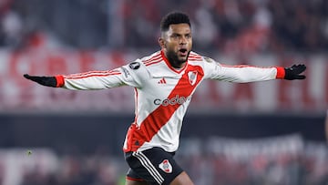 AMDEP1709. BUENOS AIRES (ARGENTINA), 14/05/2024.- Miguel Borja de River celebra un gol este martes, en un partido de la fase de grupos de la Copa Libertadores entre River Plate y Libertad en el estadio Monumental en Buenos Aires (Argentina). EFE/ Juan Ignacio Roncoroni