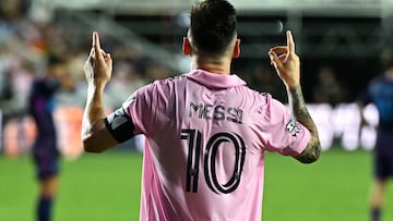 Inter Miami's Argentine forward #10 Lionel Messi celebrates scoring his team's fourth goal during the Concacaf Leagues Cup quarterfinal football match between Inter Miami and Charlotte at DRV PNK Stadium in Fort Lauderdale, Florida, on August 11, 2023. (Photo by CHANDAN KHANNA / AFP)