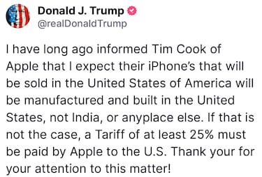 Trump lanza una nueva amenaza: aranceles del 25% a Apple si no fabrica en EE.UU.