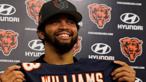 Apr 26, 2024; Lake Forest, IL, USA; Chicago Bears number one draft choice Caleb Williams poses for a photo at a press conference at Halas Hall. Mandatory Credit: David Banks-USA TODAY Sports