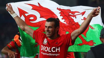 Gareth Bale of Wales celebrates Euro 2016 qualification. 