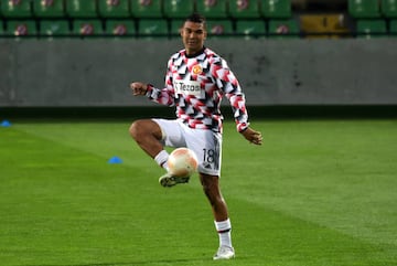 Casemiro warms up in Tiraspol, where he was a substitute in United's match against Sheriff in the Europa League.