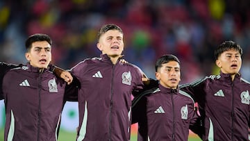 Gilberto Mora, Tahiel Jimenez, Diego Sanchez, Alexei Dominguez of Mexico during FIFA U-20 Mens World Cup Chile 2025 match between Brazil and Mexico (Mexican National team) as part Group-C at Estadio Nacional Julio Martinez Pradanos, on September 28, 2025 in Santiago, Chile.