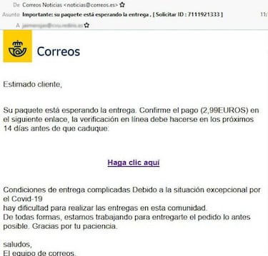 Si recibes un email de Correos pidiéndote 2,99 euros por un paquete, bórralo