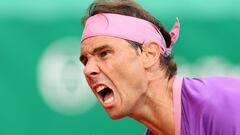 MONTE-CARLO, MONACO - APRIL 14: Rafael Nadal of Spain reacts during their Round 32 match against Federico Delbonis of Argentina during day four of the Rolex Monte-Carlo Masters at Monte-Carlo Country Club on April 14, 2021 in Monte-Carlo, Monaco. (Photo by Alexander Hassenstein/Getty Images)