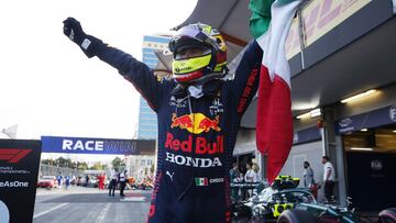 Sergio Pérez celebrando su victoria en el GP de Azerbaiyán de fórmula 1