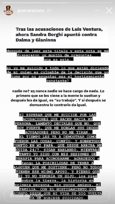 Gianinna Maradona: "Si me suicido por lo que están diciendo de mí, ¿quién es culpable?"