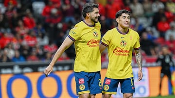 Henry Martin celebrate this goal 0-2 with Alejandro Zendejas of America during the Quarter final second leg match between Toluca And America as part of the Liga BBVA MX, Torneo Apertura 2024 at Nemesio Diez Stadium on November 30, 2024 in Toluca, Estado de Mexico, Mexico.
