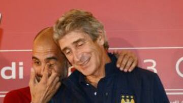 Guardiola y Pellegrini, en la presentación de la Audi Cup de 2013.