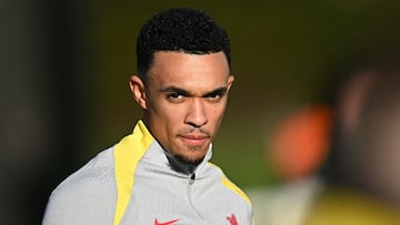 Liverpool's English defender #66 Trent Alexander-Arnold takes part in a training session, at the AXA training centre in Liverpool, north west England, on November 26, 2024, on the eve of their UEFA Champions League football match against Real Madrid. (Photo by Paul ELLIS / AFP)