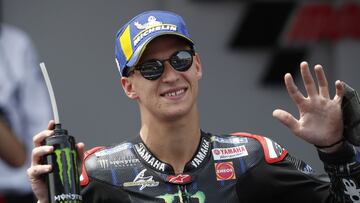 MotoGP - Catalunya Grand Prix - Circuit de Barcelona-Catalunya, Barcelona, Spain - June 5, 2021 Monster Energy Yamaha MotoGP&#039;s Fabio Quartararo celebrates getting pole position REUTERS/Albert Gea