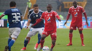 Millonarios y América durante un partido por Liga Águila I-2018 en El Campín