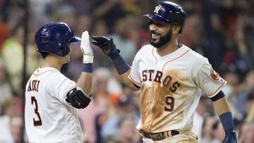 HOUSTON, TX - MAY 03: Marwin Gonzalez #9 of the Houston Astros receives a high five from Norichika Aoki #3 of the Houston Astros after a sixth-inning home run against the Texas Rangers at Minute Maid Park on May 3, 2017 in Houston, Texas.   Bob Levey/Getty Images/AFP
 == FOR NEWSPAPERS, INTERNET, TELCOS &amp; TELEVISION USE ONLY ==