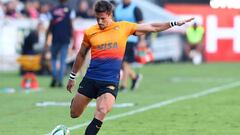 Argentina&#039;s Jaguares fly-half Joaquin Diaz Bonilla kicks the ball during the Super Rugby match between the Sharks of South Africa and the Jaguares of Argentina at the Kings Park Rugby Stadium in Durban on March 7, 2020. (Photo by ANESH DEBIKY / AFP)