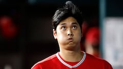 ARLINGTON, TX - AUGUST 14: Shohei Ohtani #17 of the Los Angeles Angels reacts after striking out against the Texas Rangers during the fourth inning at Globe Life Field on August 14, 2023 in Arlington, Texas.   Ron Jenkins/Getty Images/AFP (Photo by Ron Jenkins / GETTY IMAGES NORTH AMERICA / Getty Images via AFP)