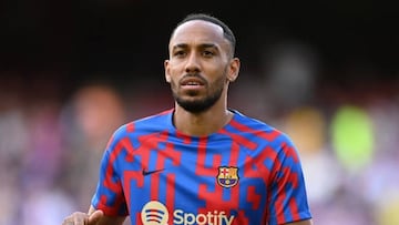 BARCELONA, SPAIN - AUGUST 28: Pierre-Emerick Aubameyang of Barcelona warms up prior to the LaLiga Santander match between FC Barcelona and Real Valladolid CF at Camp Nou on August 28, 2022 in Barcelona, Spain. (Photo by David Ramos/Getty Images)