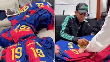 La imagen viral de Lamine firmando 100 camisetas del Barça: su cara hay que verla