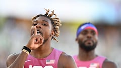 Noah Lyles (L) celebrates next to second-placed Kenneth Bednarek after coming in first in his 200m heat at the World Athletics Championships at Hayward Field in Eugene, Oregon.