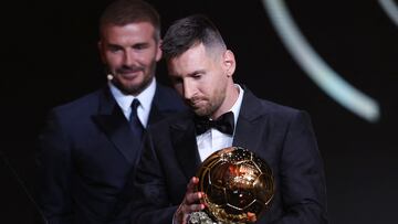 Soccer Football - 2023 Ballon d'Or - Chatelet Theatre, Paris, France - October 30, 2023 Inter Miami's Lionel Messi after being awarded the men's Ballon d'Or by co owner David Beckham REUTERS/Stephanie Lecocq