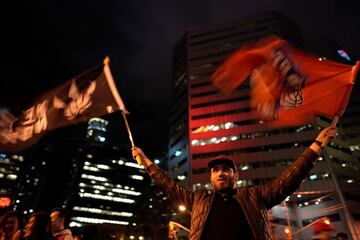 Toronto Raptors fans celebrate their win in the NBA championships in downtown Toronto, Ontario on early June 14, 2019. 