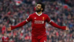 LIVERPOOL, ENGLAND - FEBRUARY 24:  Mohamed Salah of Liverpool celebrates scoring his side&#039;s second goal  during the Premier League match between Liverpool and West Ham United at Anfield on February 24, 2018 in Liverpool, England.  (Photo by Clive Bru