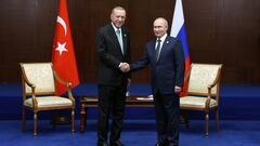 Russia's President Vladimir Putin and Turkey's President Tayyip Erdogan meet on the sidelines of the 6th summit of the Conference on Interaction and Confidence-building Measures in Asia (CICA), in Astana, Kazakhstan October 13, 2022.   Sputnik/Vyacheslav Prokofyev/Pool via REUTERS ATTENTION EDITORS - THIS IMAGE WAS PROVIDED BY A THIRD PARTY.
