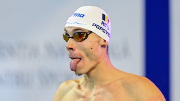 David Popovici of Romania prepares prior to the start of the men's 100m Freestyle semi-final of the European Short Course Swimming Championships in Otopeni, near Bucharest, Romania on December 9, 2023. (Photo by Daniel MIHAILESCU / AFP) / Denmark OUT