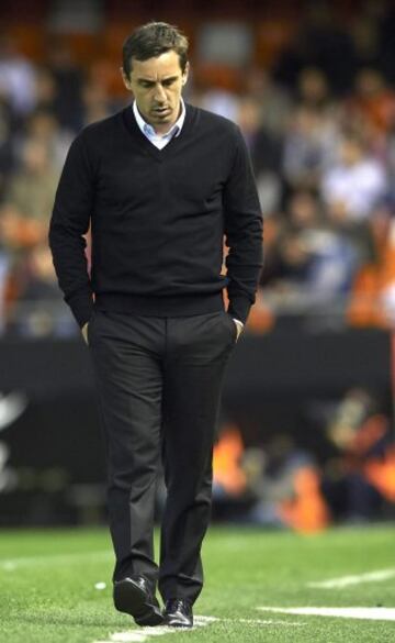 Gary Neville durante el partido de liga contra el Espanyol en febrero.  