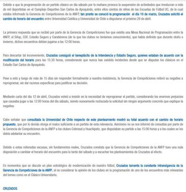 La UC se molesta con la ANFP por el horario del clásico