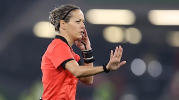 WOLFSBURG, GERMANY - NOVEMBER 11: Referee Ivana MartinÄić
reacts during the 2022 FIFA World Cup Qualifier match between Germany and Liechtenstein at Volkswagen Arena on November 11, 2021 in Wolfsburg, Lower Saxony. (Photo by Alex Grimm/Getty Images)