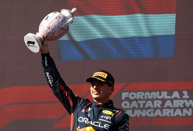 Alegría del piloto neerlandés tras proclamarse campeón del Gran Premio de Hungría de Fórmula 1.