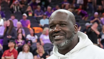 LAS VEGAS, NEVADA - NOVEMBER 06: Shaquille O'Neal attends a game between the LSU Lady Tigers and the Colorado Buffaloes during the Naismith Basketball Hall of Fame Series at T-Mobile Arena on November 06, 2023 in Las Vegas, Nevada. The Buffaloes defeated the Lady Tigers 92-78. Ethan Miller/Getty Images/AFP (Photo by Ethan Miller / GETTY IMAGES NORTH AMERICA / Getty Images via AFP)