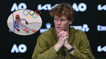 Jannik Sinner tras su derrota en semifinales, junto a una imagen de cuando practicaba esquí.