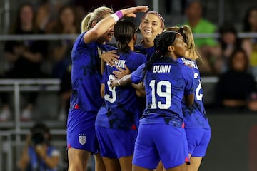 Mallory Swanson #9 of the United States celebrates with Alex Morgan #13 after scoring a goal against Canada during the first half in the 2023 SheBelieves Cup 