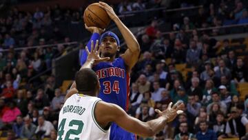 Nov 30, 2016; Boston, MA, USA; Detroit Pistons forward Tobias Harris (34) takes a shot while defended by Boston Celtics forward / center Al Horford (42) during the first quarter at TD Garden. Mandatory Credit: Greg M. Cooper-USA TODAY Sports
