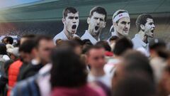 Un montaje fotográfico con Carlos Alcaraz, Novak Djokovic, Roger Federer y Pete Sampras, en el área de Wimbledon.