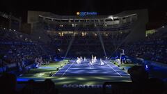 Artistas act&uacute;an en la ceremonia de inauguraci&oacute;n del Abierto de Tenis de Monterrey, durante el primer d&iacute;a del torneo.