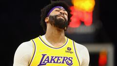 Apr 5, 2022; Phoenix, Arizona, USA; Los Angeles Lakers forward Anthony Davis reacts against the Phoenix Suns at Footprint Center. Mandatory Credit: Mark J. Rebilas-USA TODAY Sports