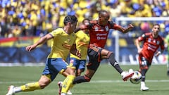  Ramon Juarez of america fights for the ball with Luis Quinones of Tigres during the game between America and Tigres UANL as part Super Copa MX, Liga BBVA MX match, at the Dignity Health Sports Park, Stadium, on June 30, 2024 in Los Angeles, California, United States.